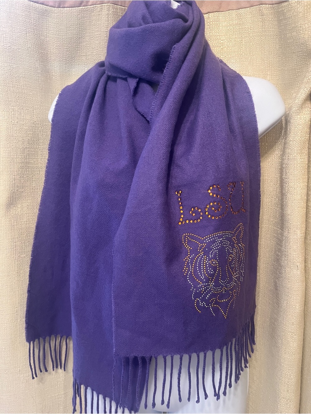 LSU Purple Fringe Scarf with Tiger in Rhinestones